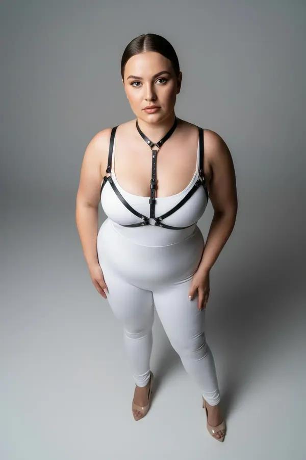 strappy black faux leather body harness with collar strap and silver buckles worn over white bodysuit