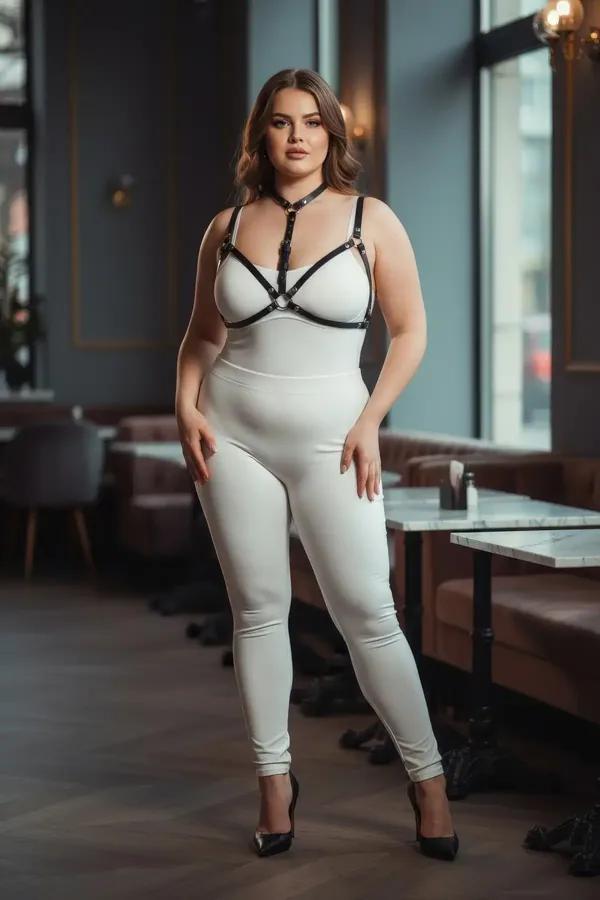 strappy black faux leather body harness with collar strap and silver buckles worn over white bodysuit