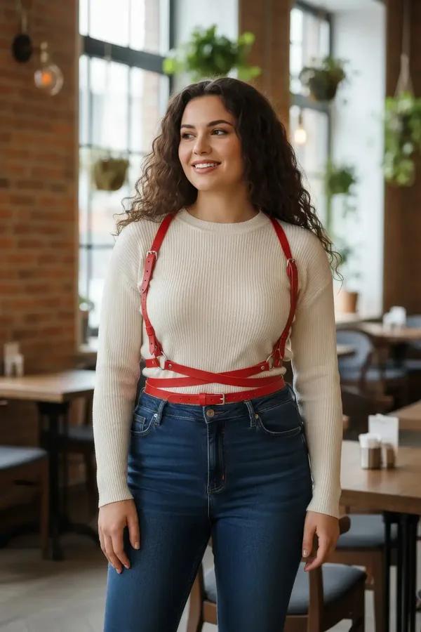 red faux leather criss-cross body harness with silver buckles worn over cream sweater