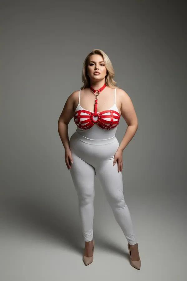 red faux leather strappy chest harness with cage bra straps gold O-ring and matching choker collar