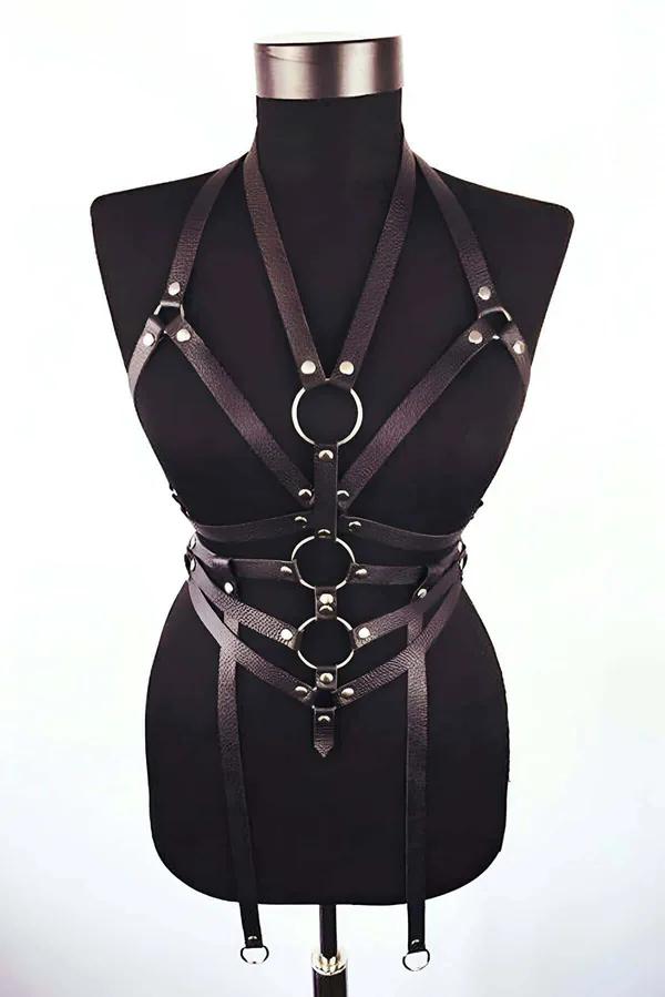 siyah suni deri tam vücut harness 3 gümüş O-halka perçin detay S/M-4XL/5XL beden