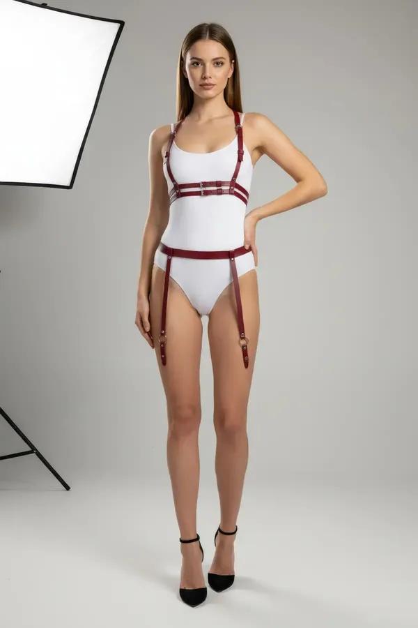 bordo vegan deri harness takım göğüs bandı bel halkası uyluk kayışı altın toka detayı