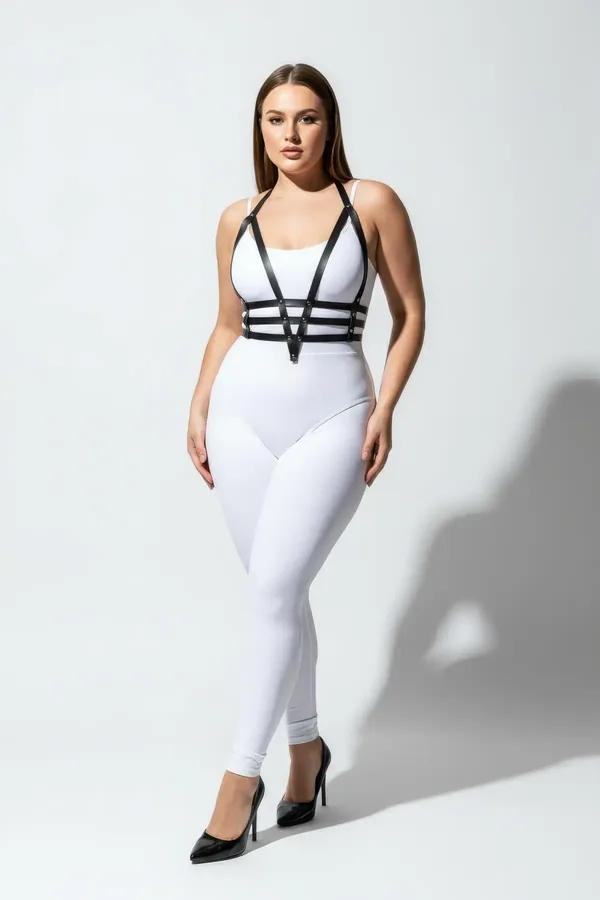 black vegan leather strappy body harness with V-strap shoulders and triple underbust cage bands, silver center stud hardware
