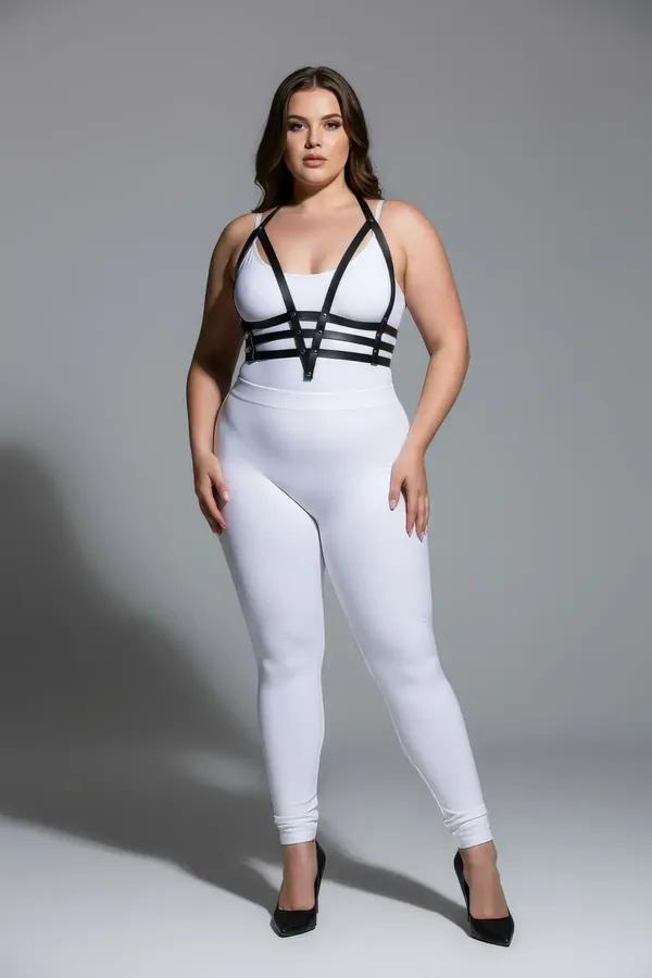 black vegan leather strappy body harness with V-strap shoulders and triple underbust cage bands, silver center stud hardware