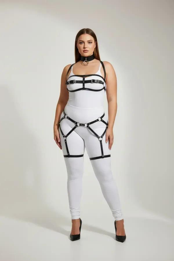 Black faux leather full body harness with silver O-ring choker, chest straps, waist panel, and thigh garter bands on plus-siz