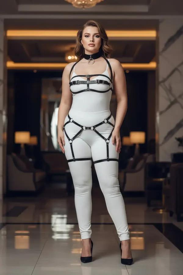 Black faux leather full body harness with silver O-ring choker, chest straps, waist panel, and thigh garter bands on plus-siz