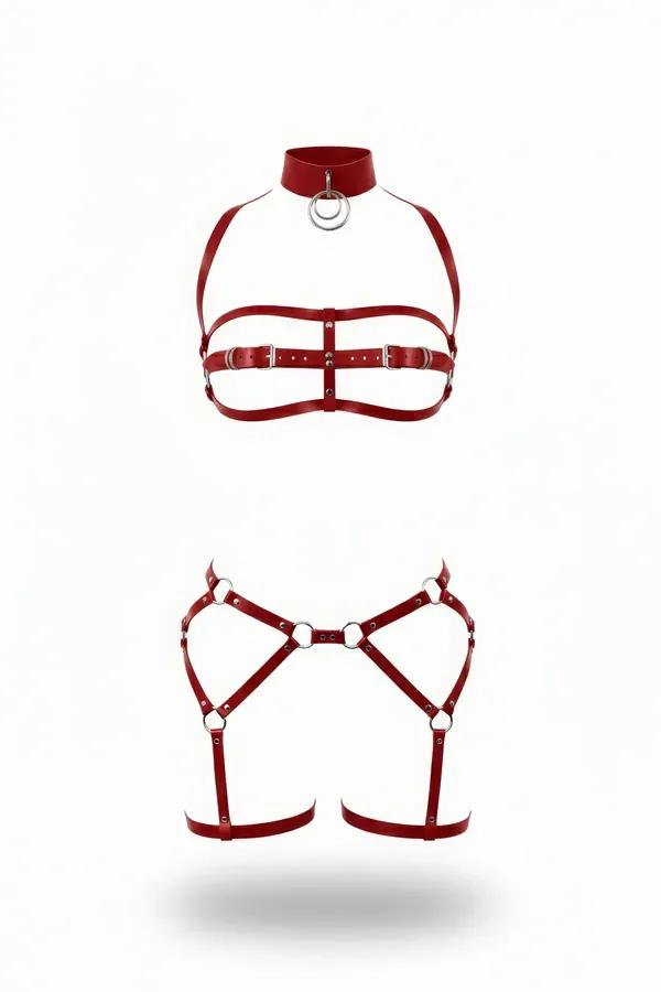 kırmızı vegan deri harness takım yüksek yakalı choker gümüş O-halka ve bacak harness seti