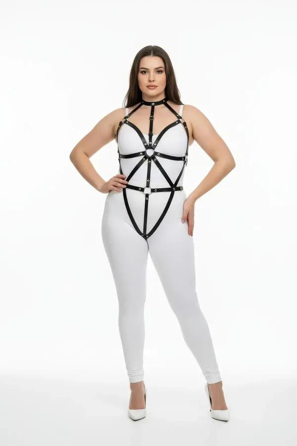 black faux leather full body harness with geometric strap web O-ring centrepiece and choker collar on plus size model