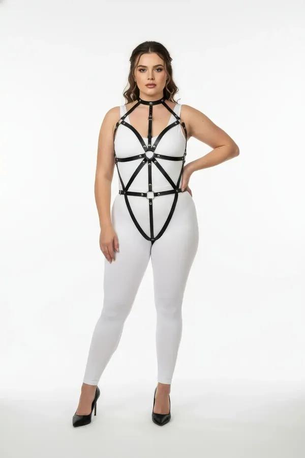 black faux leather full body harness with geometric strap web O-ring centrepiece and choker collar on plus size model