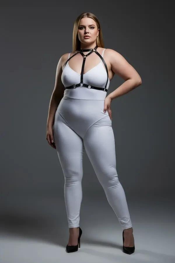 black faux leather strappy body harness with silver O-rings and collar strap worn over white outfit