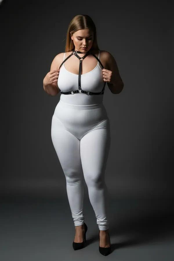 black faux leather strappy body harness with silver O-rings and collar strap worn over white outfit