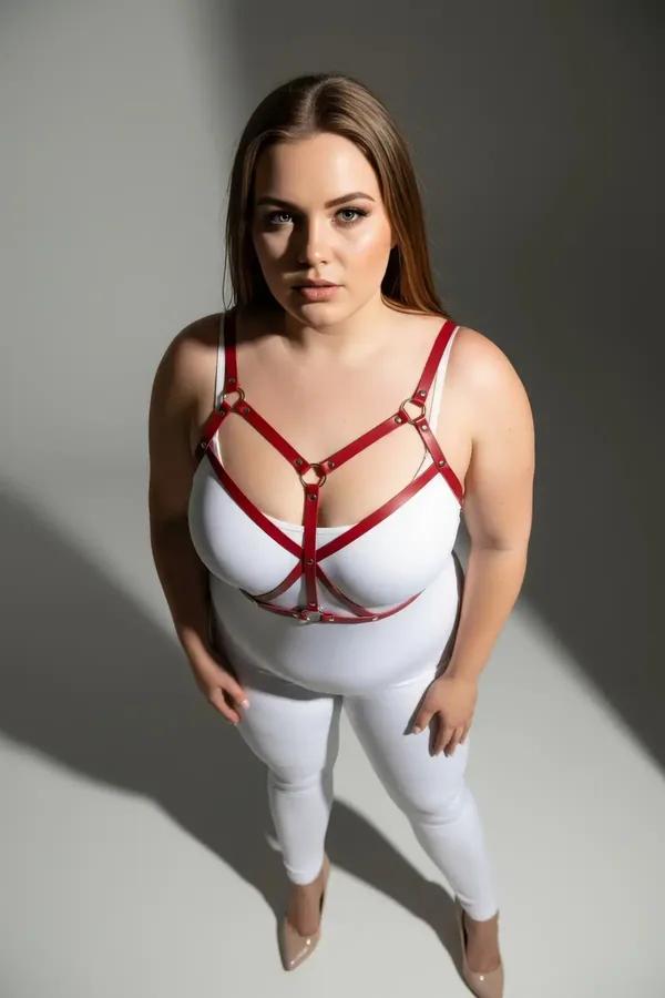 Strappy red faux leather body harness with silver O-ring worn over white bodysuit, plus-size model