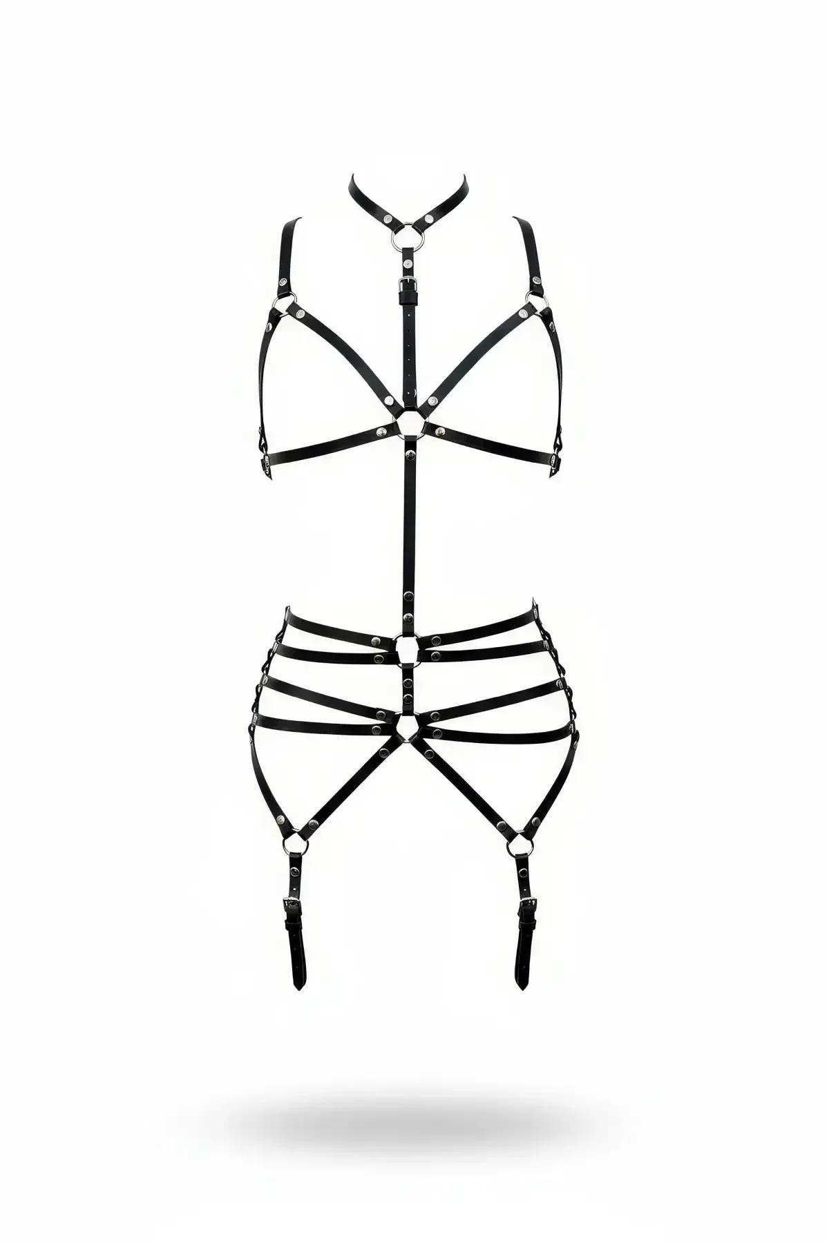 siyah vegan deri tam vücut body harness boyunluklu gümüş metal O-halka detaylı uyluk askılı tek parça