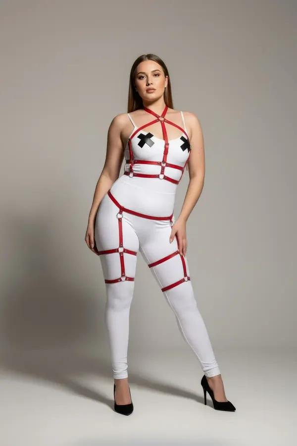 Red faux leather strappy body harness with criss-cross chest, waist band, and dual thigh cage garter straps, silver O-ring ha