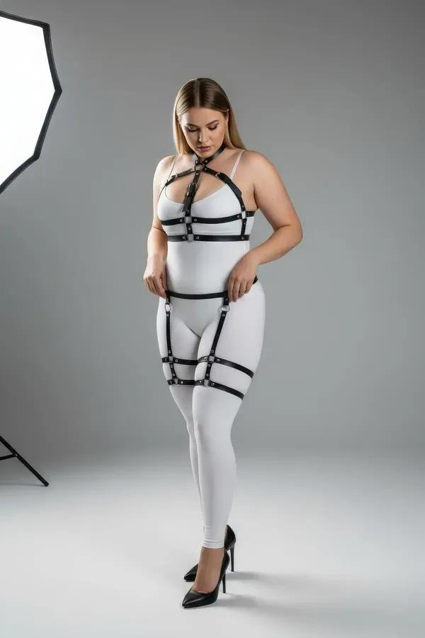 büyük beden siyah PU vegan deri jartiyer harness takımı göğüs bel uyluk bantları gümüş metal toka