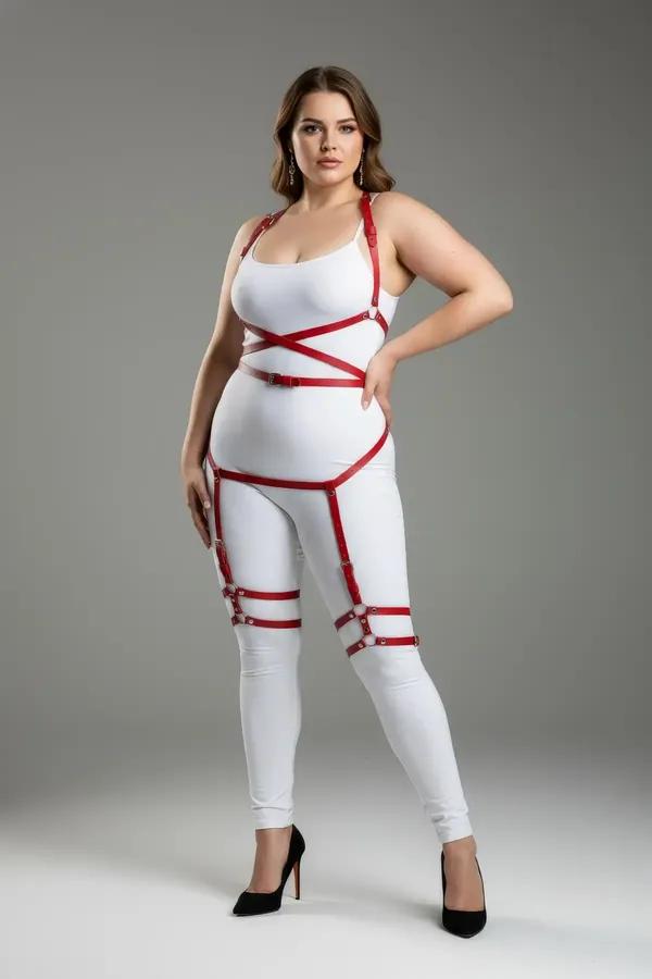 red faux leather full body harness with thigh straps and silver buckles worn over white bodysuit
