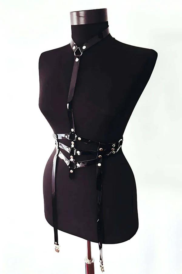 siyah suni deri body harness yaka ve gümüş perçinli çapraz bel bandı 4 jartiyer askısı