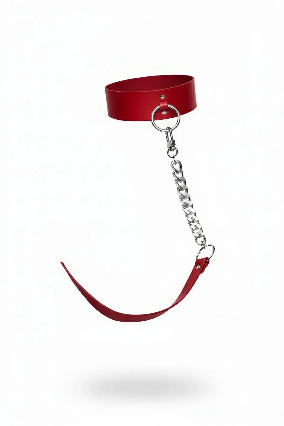 kırmızı vegan deri choker kolye gümüş metal halka ve zincir detaylı ayarlanabilir bant