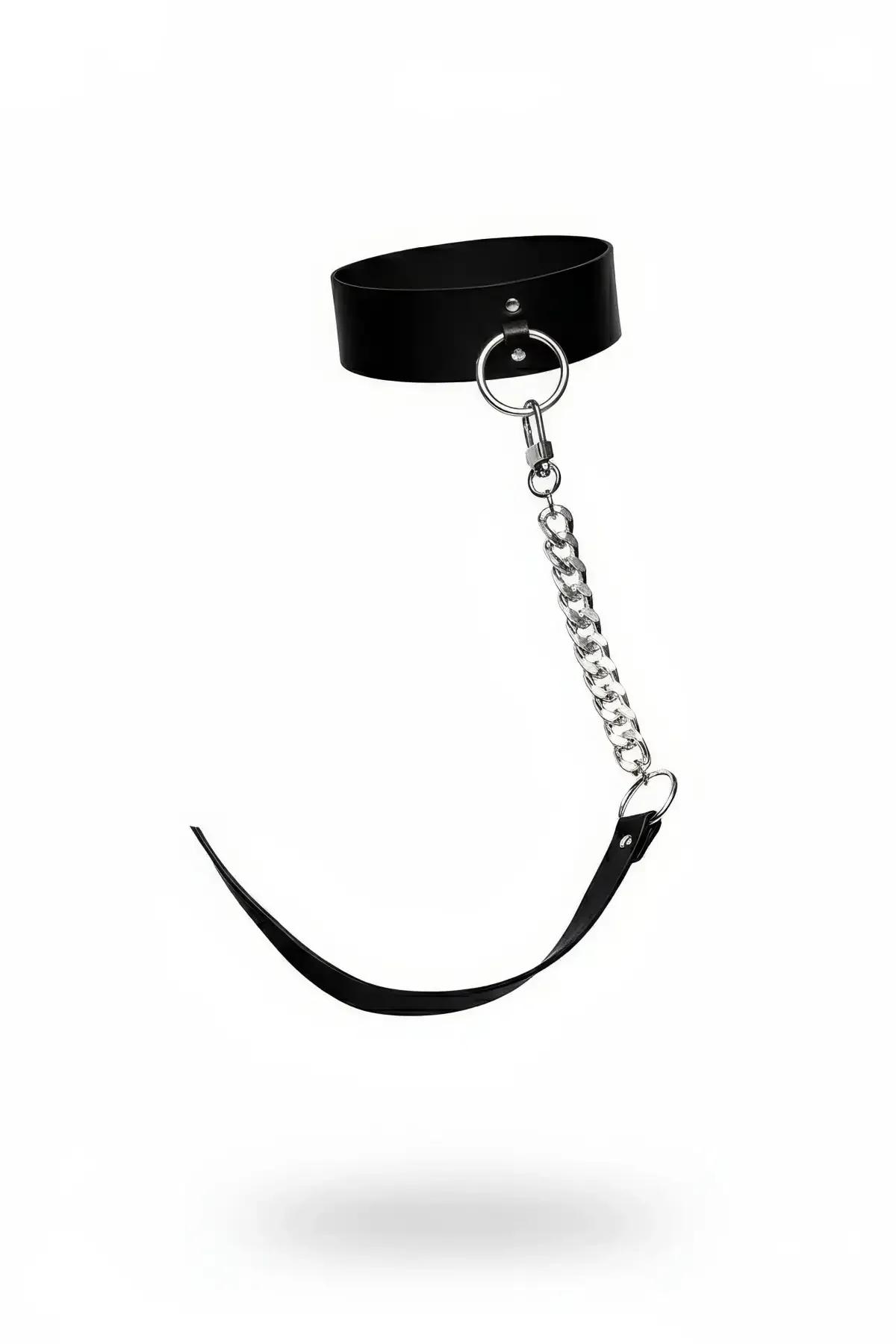 siyah kalın vegan deri choker gümüş O-halka metal zincir ve sarkık deri kayış detayı