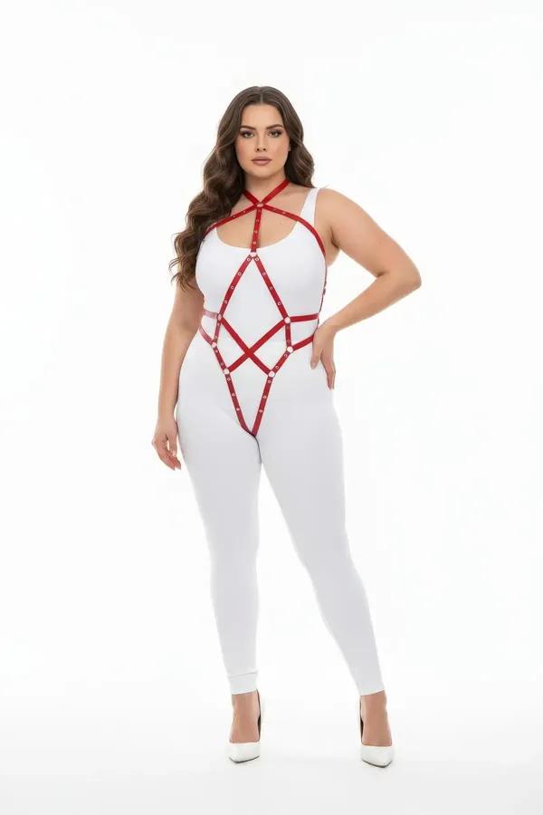 red faux leather full body harness with silver O-ring accents in geometric diamond cage pattern from chest to thighs