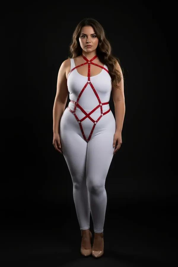 red faux leather full body harness with silver O-ring accents in geometric diamond cage pattern from chest to thighs