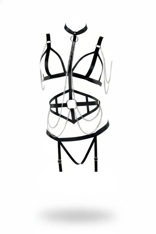 Siyah vegan deri harness takım gümüş zincir detaylı choker yaka ve jartiyerli alt bant seti