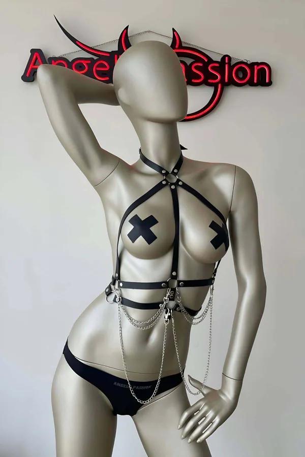 siyah vegan deri göğüs harness gümüş metal halka ve sarkıt zincir detaylı, S/M-4XL/5XL beden