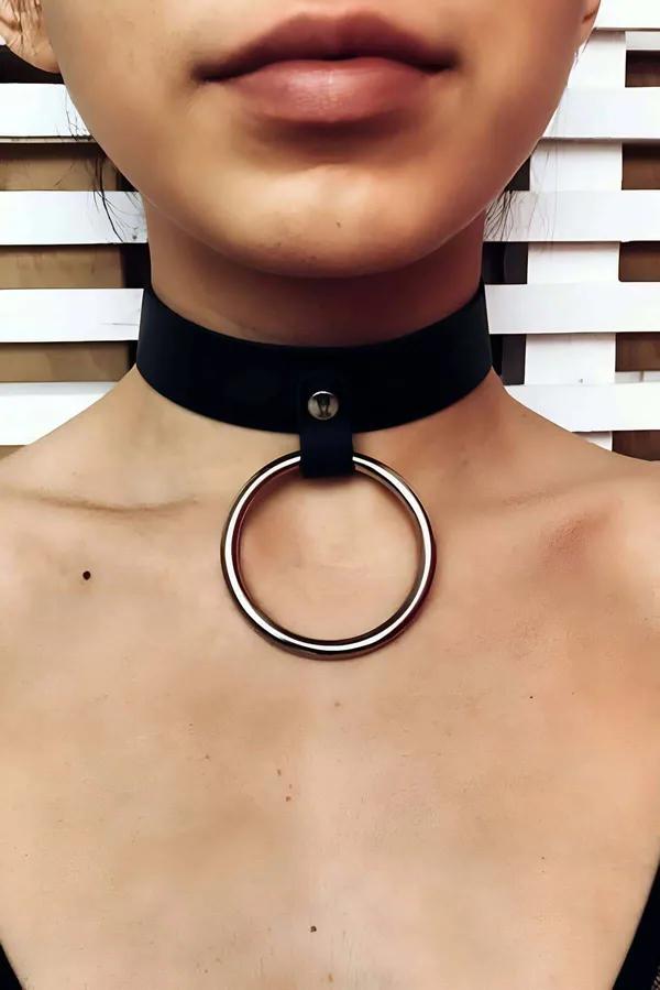 siyah suni deri geniş bantlı halkalı choker tasma altın O-ring metal detay