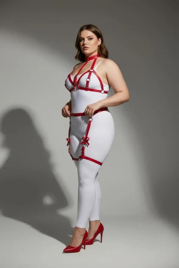 red faux leather garter harness with chest cage silver O-rings and thigh bow accents on plus-size model