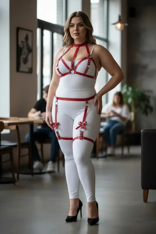 red faux leather garter harness with chest cage silver O-rings and thigh bow accents on plus-size model
