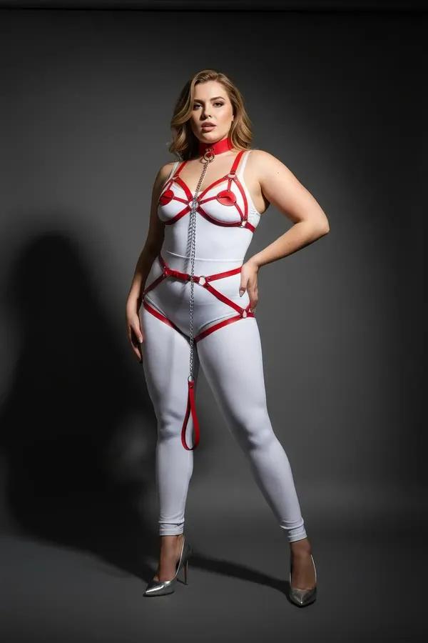 red faux leather body harness with silver chain detail and garter straps worn over white bodysuit, plus-size model