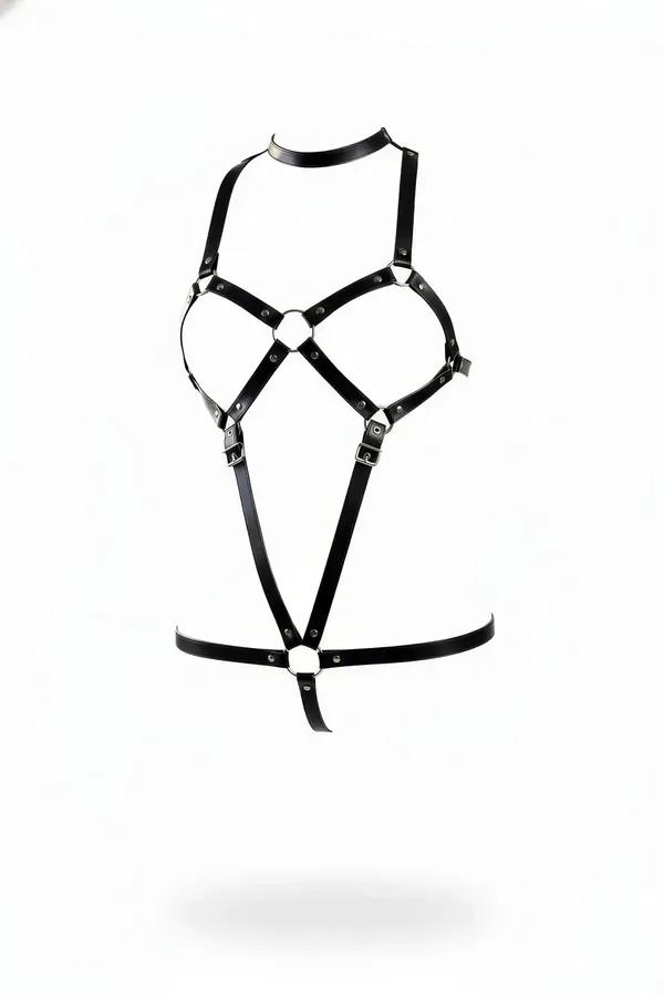 Siyah faux leather body harness gümüş O-ring ve choker bantlı tam vücut geometrik kayış yapısı