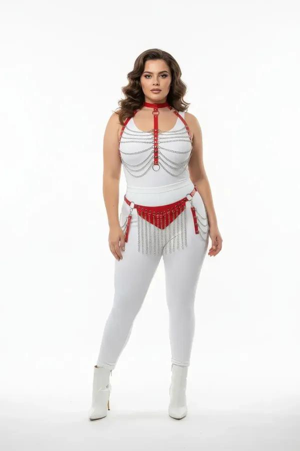 büyük beden kırmızı suni deri harness takım gümüş zincir detaylı choker ve kalça parçası
