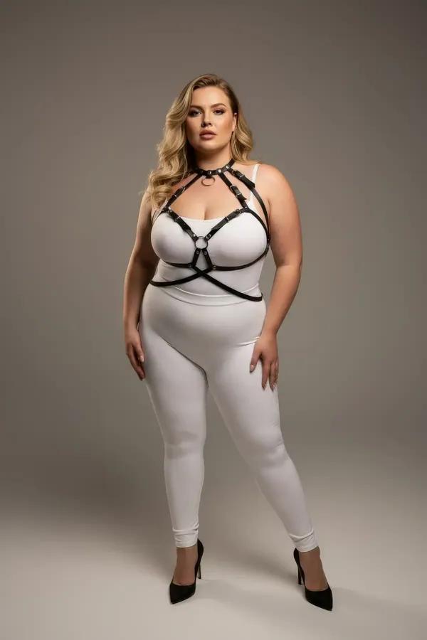 black faux leather strappy o-ring chest harness with gold buckles worn over white bodysuit plus size model