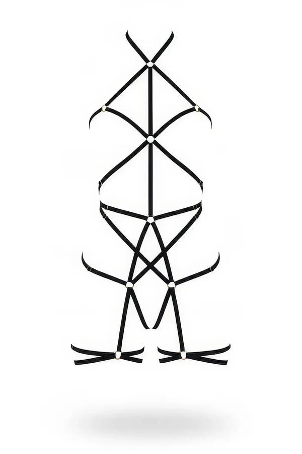siyah elastik tam vücut body harness geometrik çapraz bant ve gümüş O-ring bağlantılı