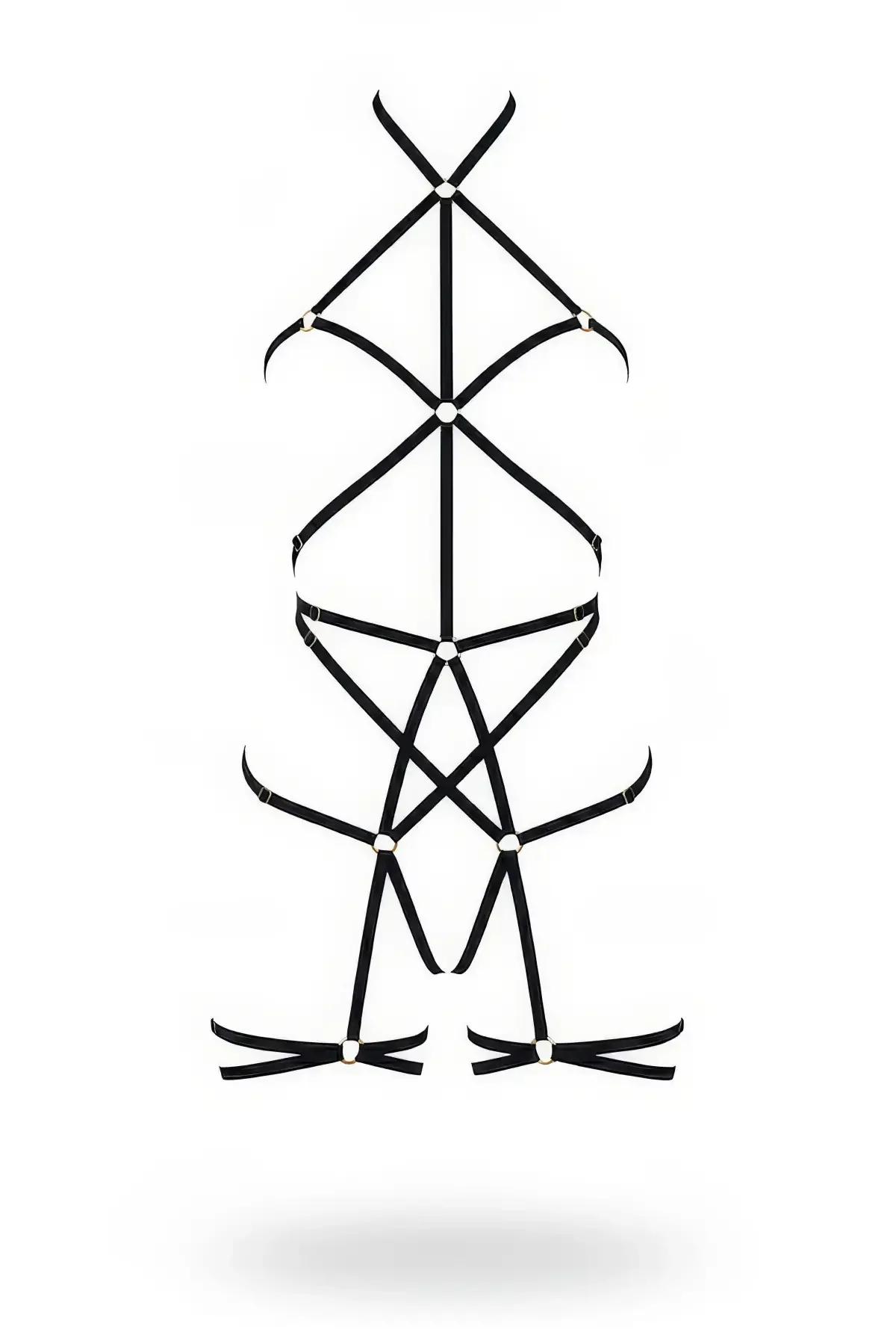 siyah elastik tam vücut body harness geometrik çapraz bant ve gümüş O-ring bağlantılı
