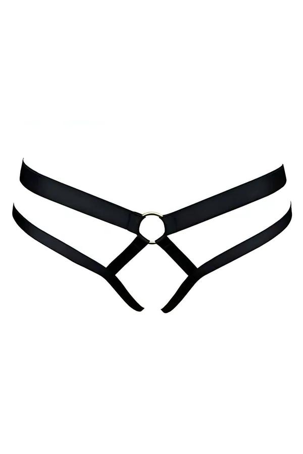 Siyah lastik harness string özel bölgesi açık kesim altın O-halka detayı önden görünüm
