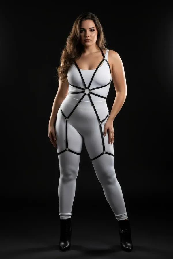 Black faux leather full body harness with gold O-ring chest detail and thigh strap cages worn over white bodysuit
