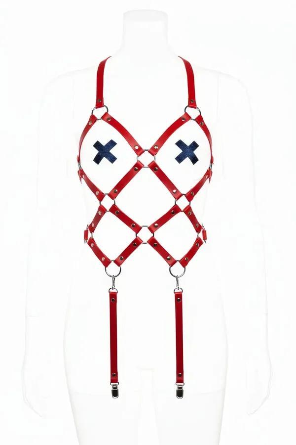 Kırmızı faux leather body harness X kafes desen gümüş O-halka ve 4 garter straps klips