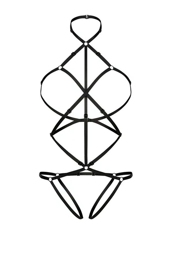siyah lastik bant harness geometrik çapraz tasarım vücudu saran tek parça