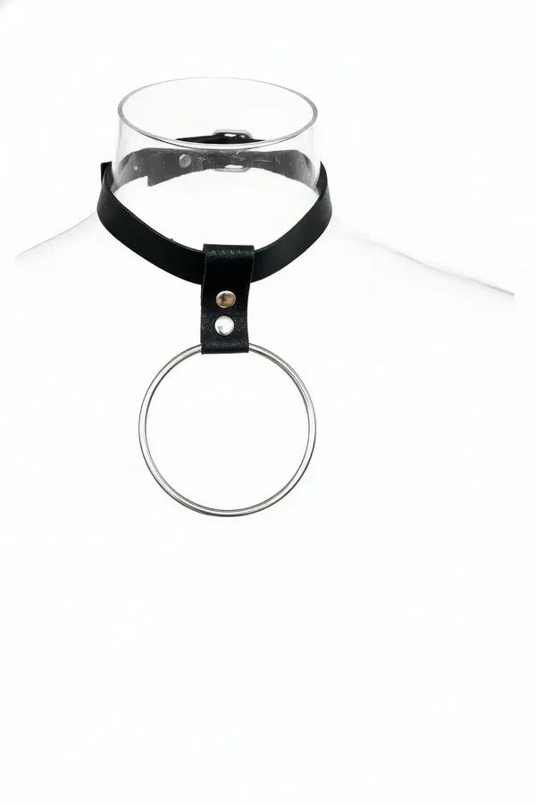 Siyah vegan deri choker büyük gümüş O-halka detaylı ince bantlı gerdanlık ön görünüm