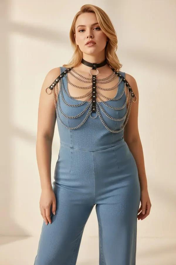 black faux leather choker harness with five cascading silver-tone chain rows and O-rings at shoulders and neckline