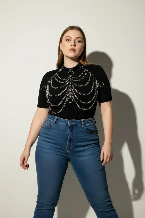 black faux leather choker harness with five cascading silver-tone chain rows and O-rings at shoulders and neckline