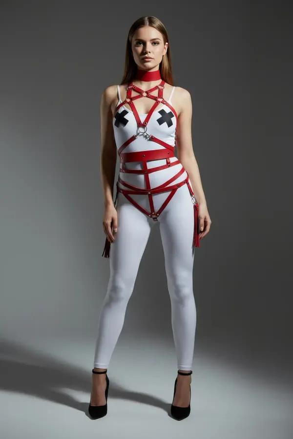 kırmızı vegan deri harness takım O halka geometrik şerit ve kırmızı püsküller gümüş metal perçin detaylı