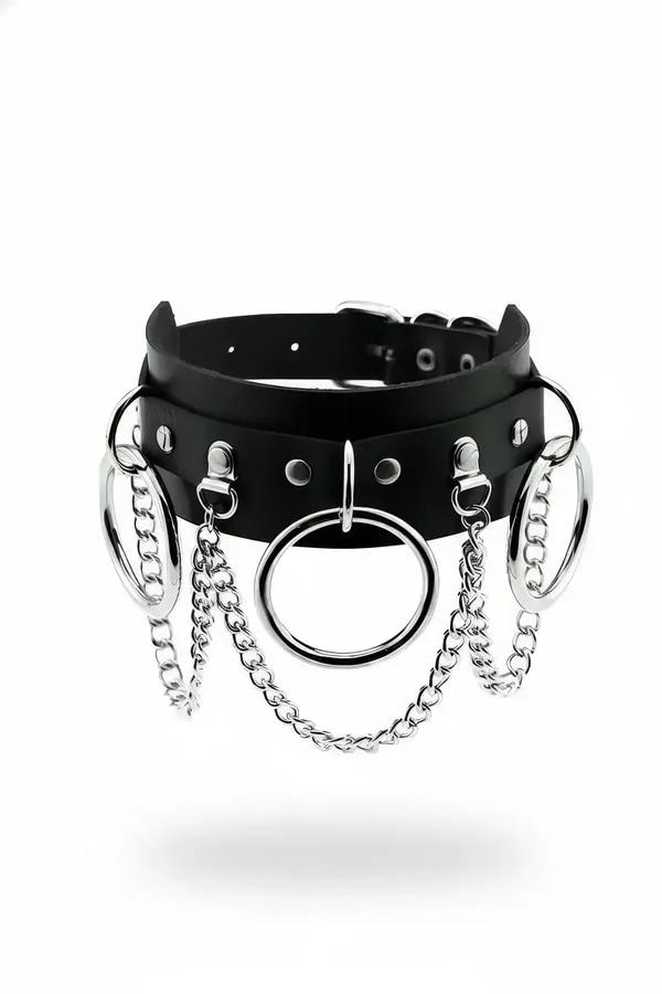 Siyah vegan deri choker büyük gümüş O-halka ve sarkıt zincir detaylı boyunluk aksesuarı