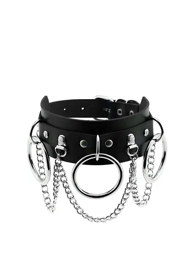 siyah vegan deri choker gümüş O-halka ve çift sıra curb zincir detaylı geniş bantlı boyunluk