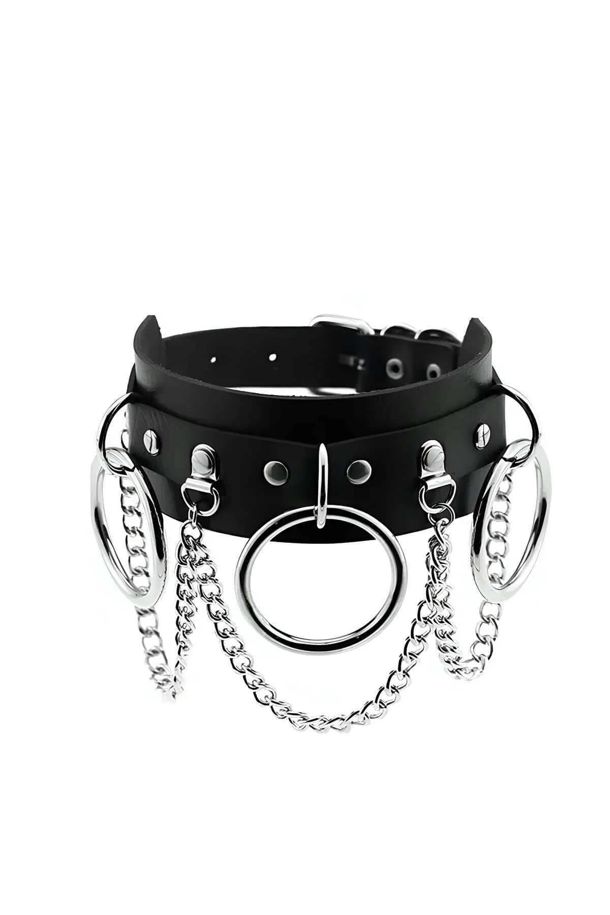 siyah vegan deri choker gümüş O-halka ve çift sıra curb zincir detaylı geniş bantlı boyunluk