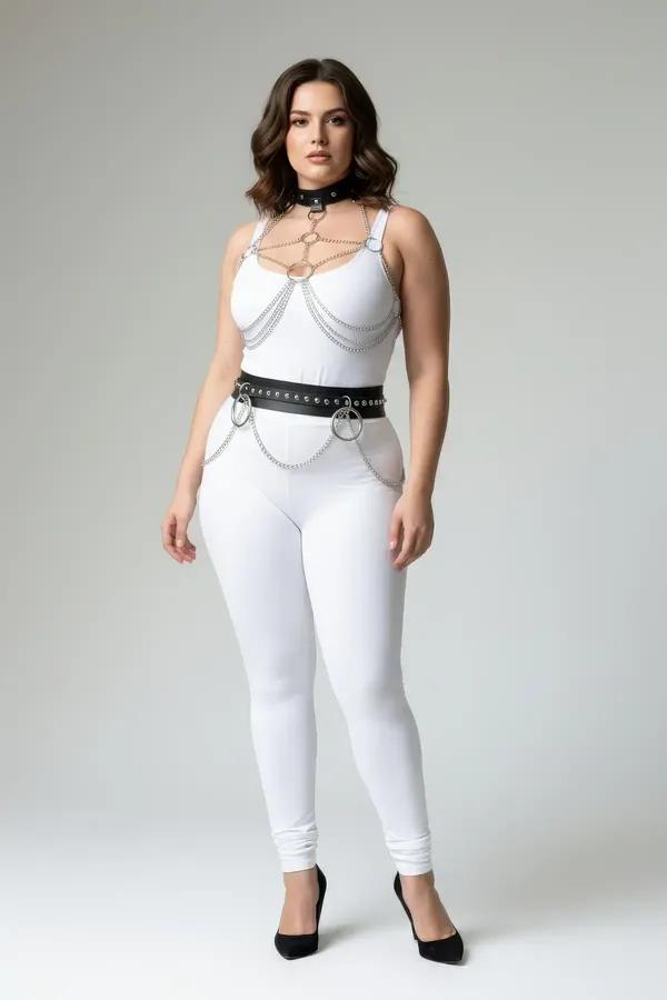Plus size black faux leather chest harness with draped silver chains and matching studded waist belt with O-rings