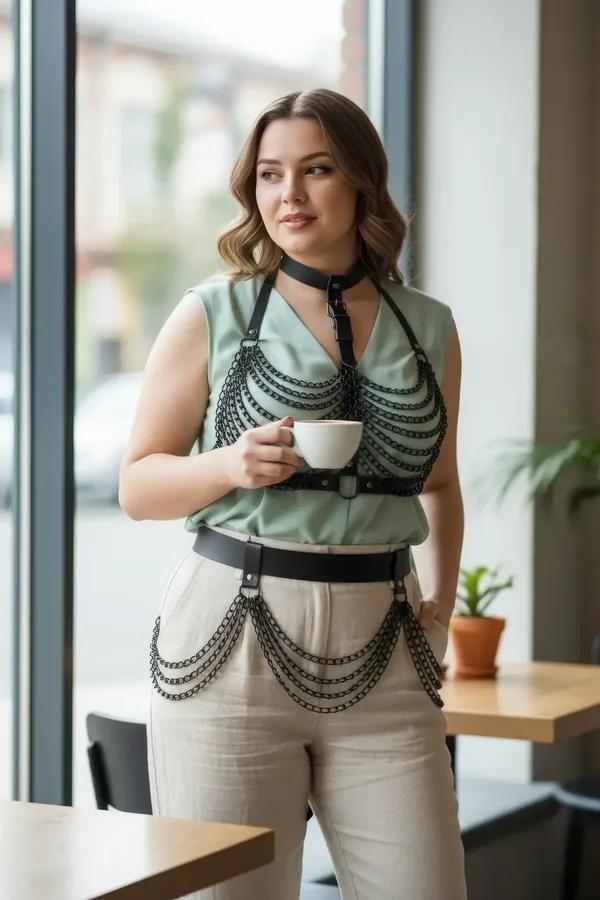 büyük beden siyah vegan deri zincirli vücut harness kemeri çoklu zincir sıralı iki parçalı set