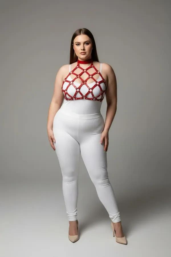 Red geometric cage halter harness with gold stud rivets and diamond-grid faux leather straps, halter choker neckline, plus-si
